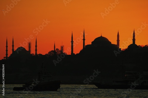 Blue mosque and Hagia Sophia at sunset