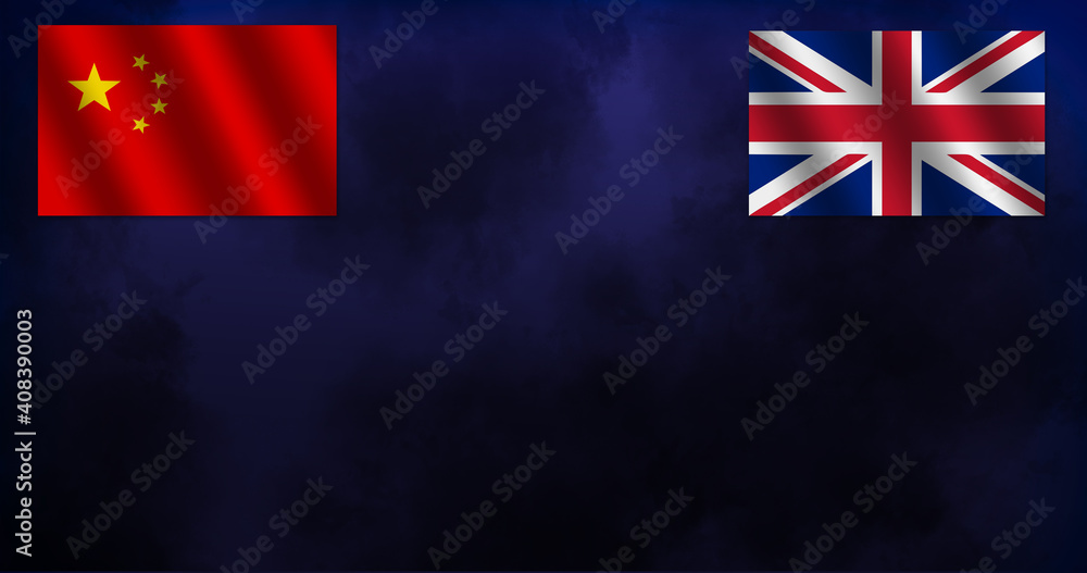 The red Chinese flag and the United Kingdom Union Jack flag on a blue background