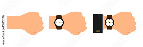 Watch on the wrist. Time symbol isolated on blue background. Set of illustrations