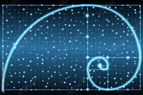 Glowing fibonacci spiral or golden ratio symbol on dark background