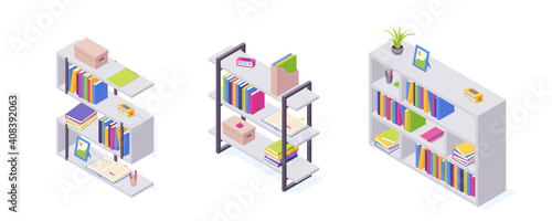 Books on shelf in isometric vector illustration set.