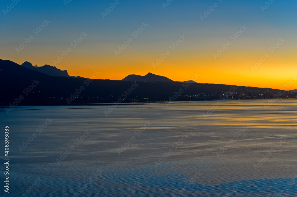 Sunset At Lake Geneva Near Vevey, Vaud, Switzerland