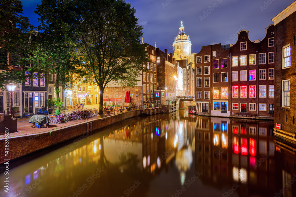 Amsterdam city center at night, Netherlands