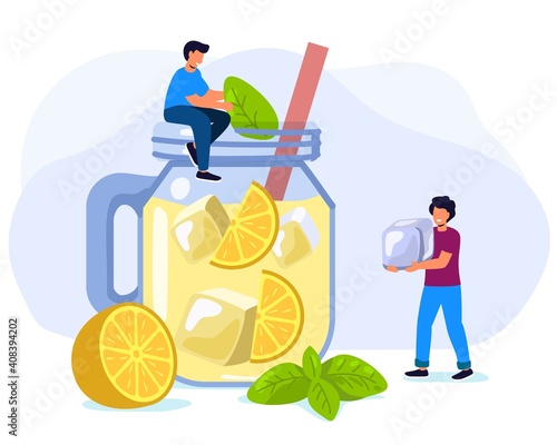 Refreshing drink with ice orange, blackberry and blueberry Summer vector illustration Hot season elements flat tiny persons concept Glass with orange ice cubes in juice water