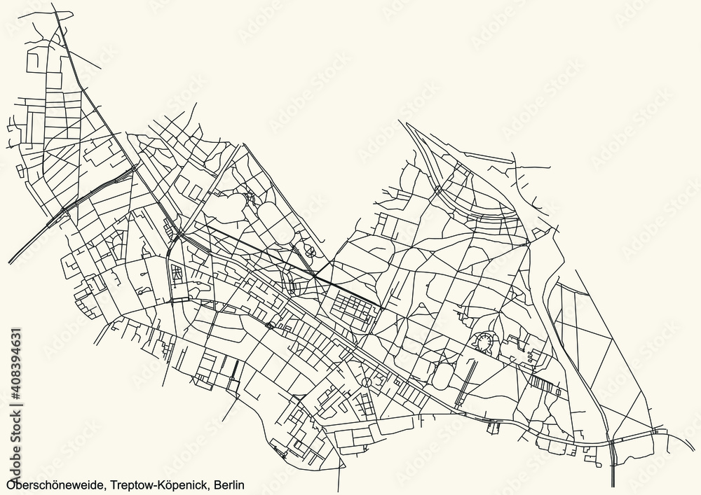 Fototapeta premium Black simple detailed city street roads map plan on vintage beige background of the neighbourhood Oberschöneweide locality of the Treptow-Köpenick of borough of Berlin, Germany