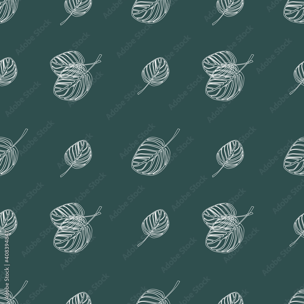 Seamless pattern of striped white leaves on a green background. Template for printing on textiles, fabric, bedding, wrapping paper, wallpaper.