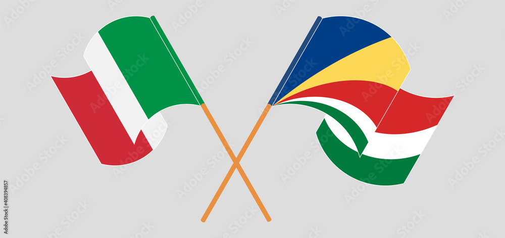 Crossed and waving flags of Italy and Seychelles Crossed and waving flags of Italy and Seychelles