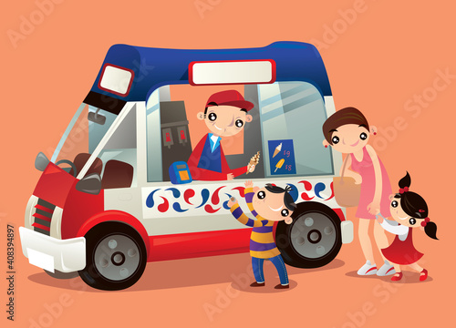 Cartoon illustration of an ice-cream truck vendor in Hong Kong