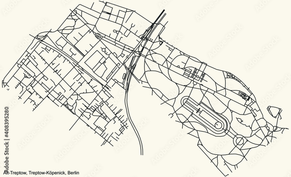 Black simple detailed city street roads map plan on vintage beige background of the neighbourhood Alt-Treptow locality of the Treptow-Köpenick of borough of Berlin, Germany