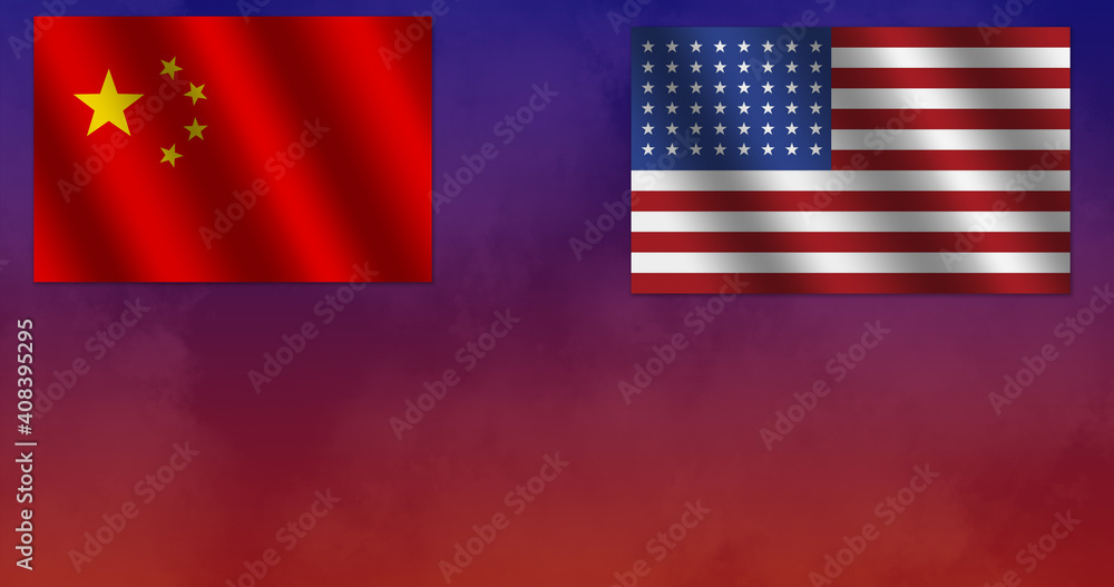 The red Chinese flag and the American Stars and Stripes flag on a red and blue background