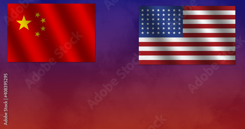 Obraz na płótnie The red Chinese flag and the American Stars and Stripes flag on a red and blue background w salonie
