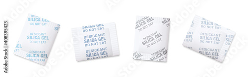Silica gel sachets. Variuos desiccant selicagels in white paper envelopes. Chemical substance, industrial tool to avoid humidity, condensation, moisture. Isolated vector illu on white background.
