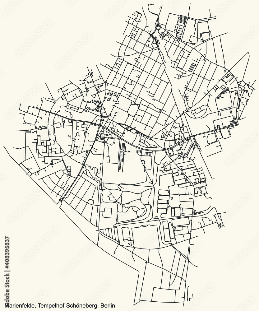 Black simple detailed city street roads map plan on vintage beige background of the neighbourhood Marienfelde locality of the Tempelhof-Schöneberg of borough of Berlin, Germany