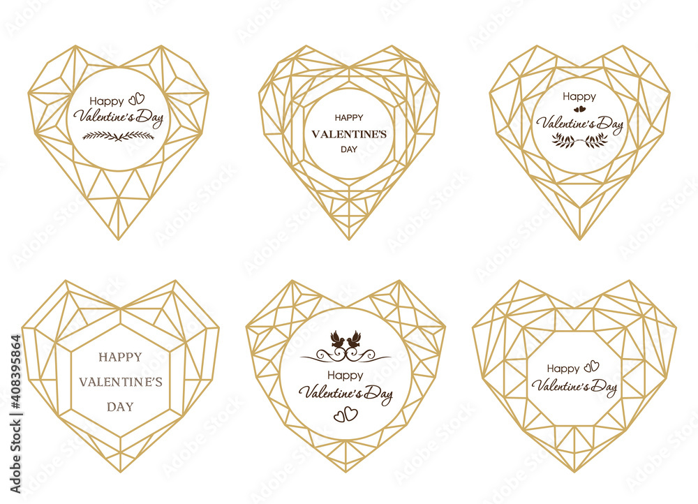 Heart shape frames. Vector crystal forms. Golden geometric hearts. Frames for a wedding invitation or another occasion. Frames with greeting phrases for Valentine's Day.