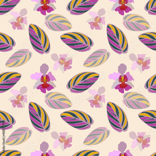 Seamless pattern of striped colored leaves and orchids Vanda Miss Joaquim. Template for printing on textiles  fabric  bedding  wrapping paper  covers  wallpaper  coloring pages. 