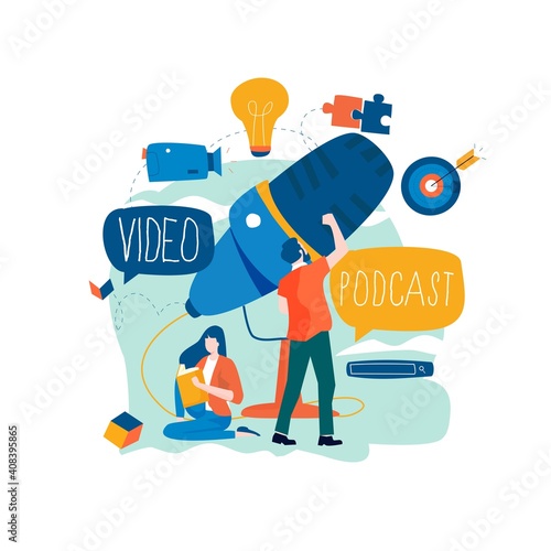 Podcast recording, audio podcast, online show, live streaming, broadcast concept flat vector illustration