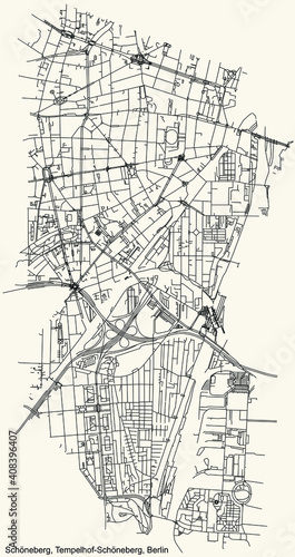 Black simple detailed city street roads map plan on vintage beige background of the neighbourhood Schöneberg locality of the Tempelhof-Schöneberg of borough of Berlin, Germany