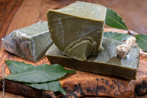 Blocks of handmade bio vegetal laurel bay leaf soap