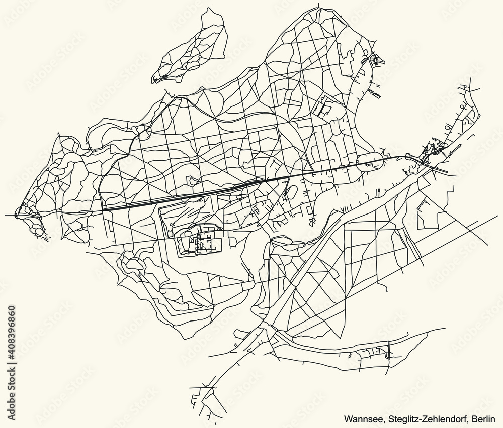 Fototapeta premium Black simple detailed city street roads map plan on vintage beige background of the neighbourhood Wannsee locality of the Steglitz-Zehlendorf of borough of Berlin, Germany