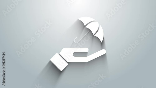 White Umbrella in hand icon isolated on grey background. Insurance concept. Waterproof icon. Protection, safety, security concept. 4K Video motion graphic animation