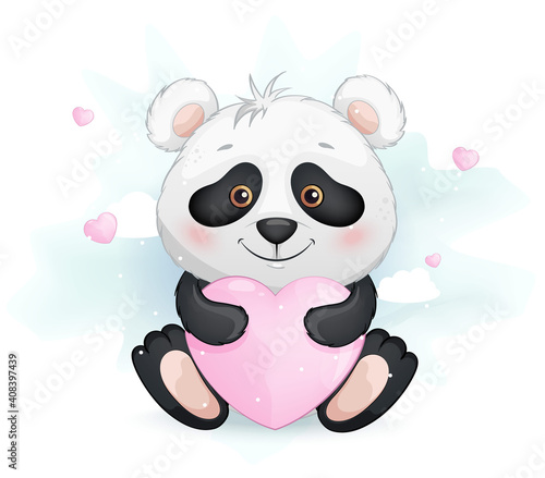 Fototapeta Naklejka Na Ścianę i Meble -  Cute little panda holding pink heart