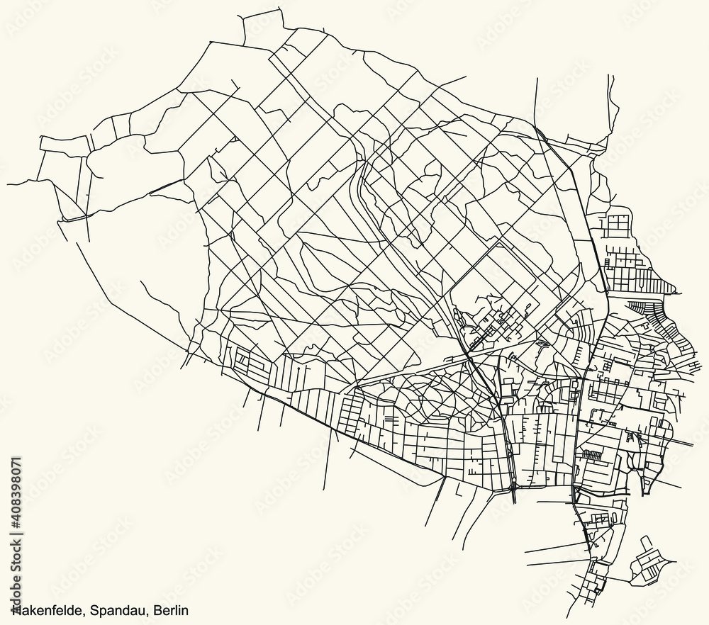Naklejka premium Black simple detailed city street roads map plan on vintage beige background of the neighbourhood Hakenfelde locality of the Spandau of borough of Berlin, Germany