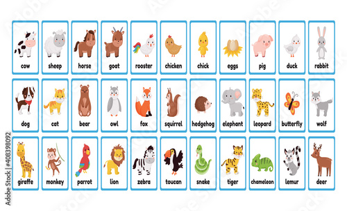 Big printable animals flashcards collection for learning english words. Educational game for kindergarten, pupils and preschool kids. Cute cartoon characters. Farm, forest and jungle animals. photo