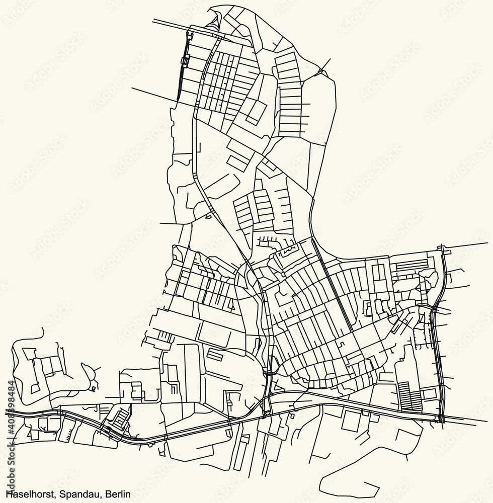 Obraz premium Black simple detailed city street roads map plan on vintage beige background of the neighbourhood Haselhorst locality of the Spandau of borough of Berlin, Germany