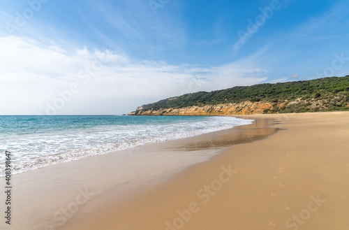 peaceful sandy beach with gentle waves and tree covered cliffs in the background