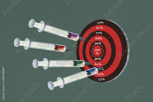 Covid-19 coronavirus vaccine syringes drive into a dartboard. Metaphor about covid vaccines effectiveness.