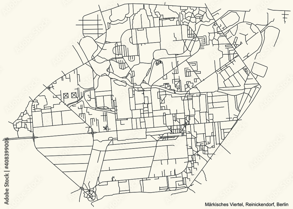 Black simple detailed city street roads map plan on vintage beige background of the neighbourhood Märkisches Viertel locality of the Reinickendorf of borough of Berlin, Germany