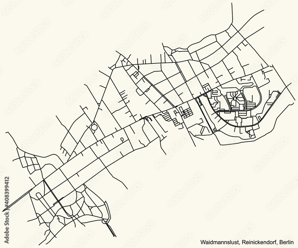 Black simple detailed city street roads map plan on vintage beige background of the neighbourhood Waidmannslust locality of the Reinickendorf of borough of Berlin, Germany