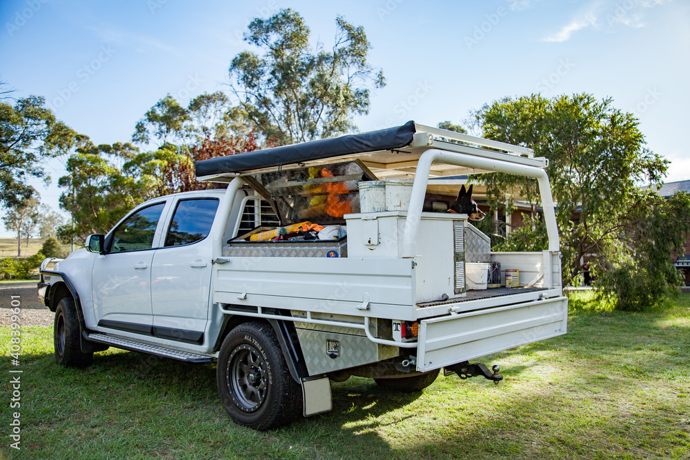 Tradies ute on property with kelpie dog sitting on tray Tradies ute on property with kelpie dog sitting on tray