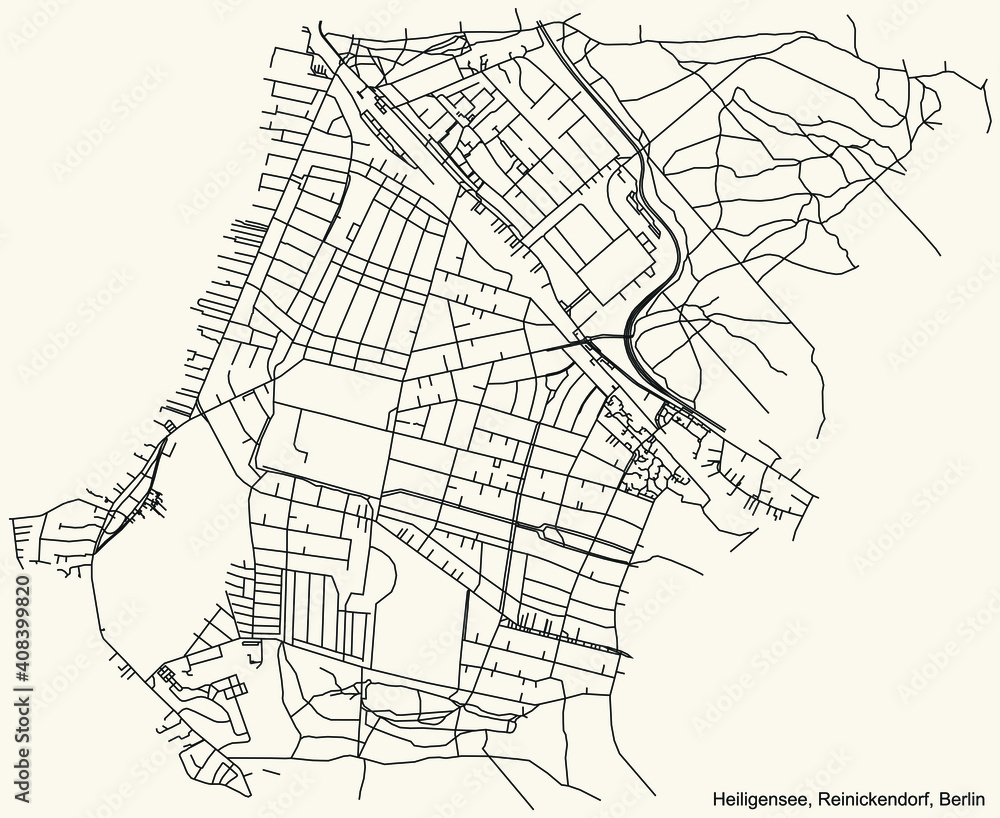 Black simple detailed city street roads map plan on vintage beige background of the neighbourhood Heiligensee locality of the Reinickendorf of borough of Berlin, Germany
