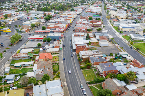 Aerial view of buildings and streets in a country town photo