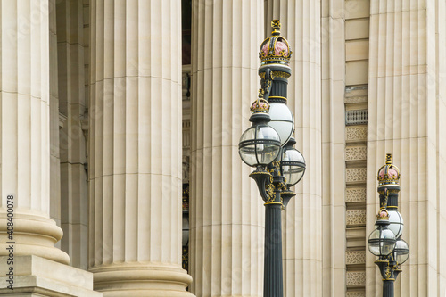 Ornate lights and columns on Parliament House in Melbourne photo