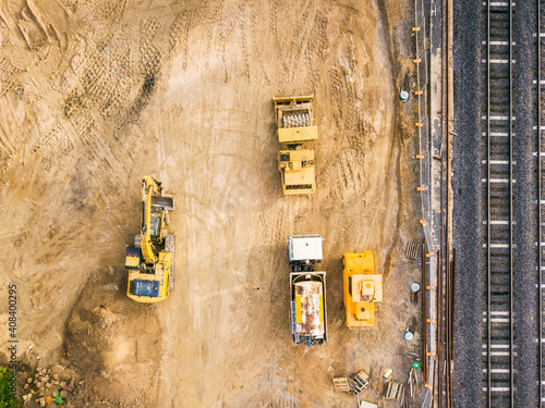 Aerial view of earthmoving machinery on a construction site photo