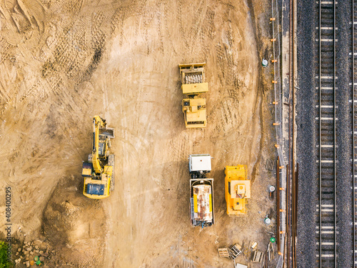 Aerial view of earthmoving machinery on a construction site