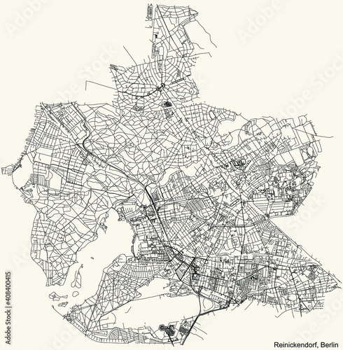 Black simple detailed street city roads map plan on vintage beige background of the neighbourhood Reinickendorf borough of Berlin, Germany