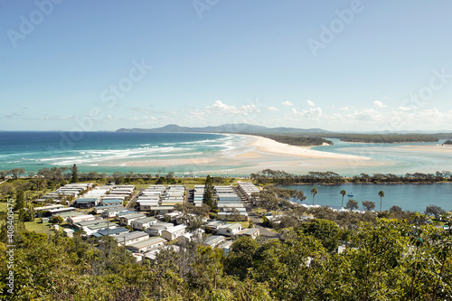 View from lookout overlooking caravan park, lagoon and inlet photo