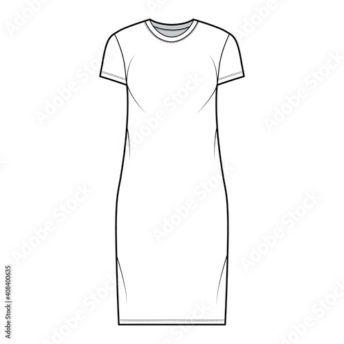 T-shirt dress technical fashion illustration with crew neck, short sleeves, knee length, oversized, Pencil fullness. Flat apparel template front, white color. Women, men, unisex CAD mockup