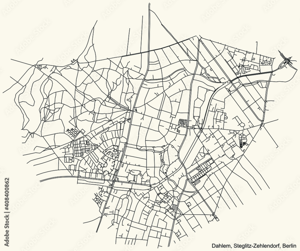Black simple detailed city street roads map plan on vintage beige background of the neighbourhood Dahlem locality of the Steglitz-Zehlendorf of borough of Berlin, Germany