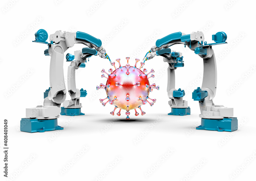 3D render image representing a virus being manipulated by robots and computers 3D render image representing a virus being manipulated by robots and computers