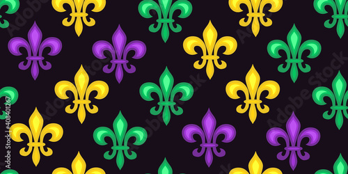 Seamless pattern beautiful yellow, green, purple Fleur-de-Lis lily symbol on black background. Venetian carnival Mardi Gras party. Great for horizontal posters, header for website. Vector