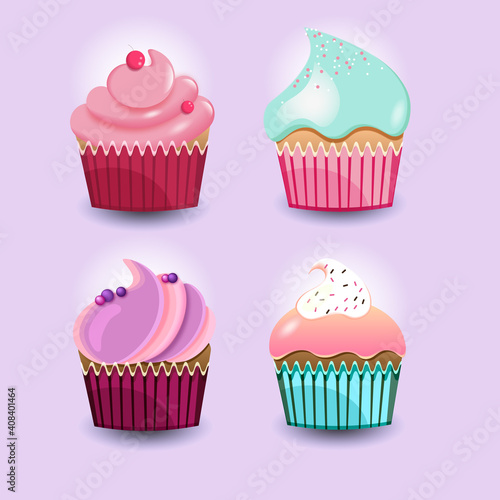 Colorful delicious cupcake set. Vector illustration of cute home made cupcake