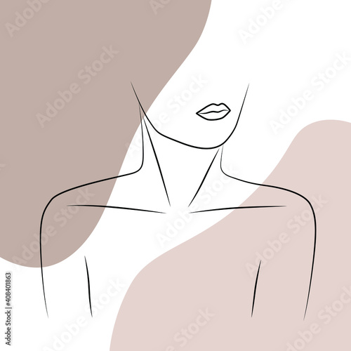 Minimalistic silhouette of woman. Black and white. White background with pastel colors. One line drawing.