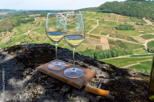 Tasting of white or jaune Jura wine on vineyards near Chateau-Chalon village in Jura region, France photo