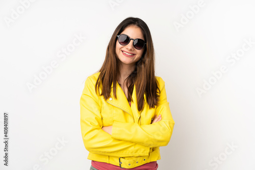 Young caucasian woman isolated on white background with glasses and smiling © luismolinero