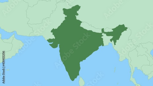 Map of India with pin of country capital. India Map with neighboring countries in green color.
