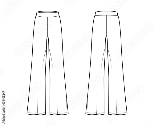 Pants boot cut technical fashion illustration with floor length, oversize silhouette, side zipper. Flat sport pyjama bottom template front, back, white color style. Women, men, unisex CAD mockup